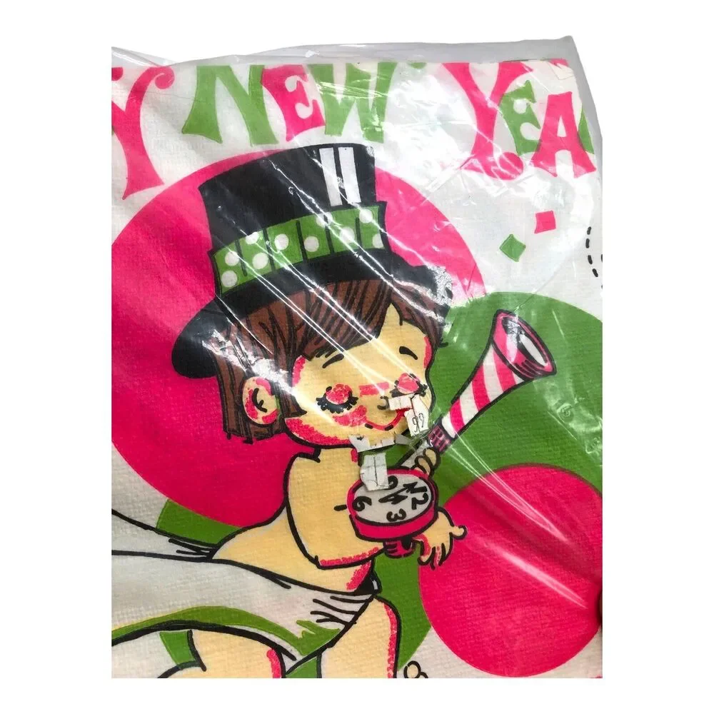 VTG RETRO 70s Happy New Year Baby Paper Tablecloth Pink Fashion Ware Photo booth